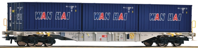 Container flat car with 3 20 containers Wan Hai<br /><a href='images/pictures/Roco/161453.jpg' target='_blank'>Full size image</a>